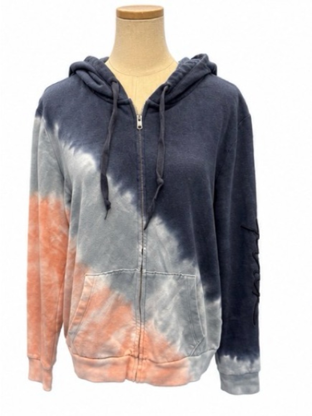 PINK Victoria’s Secret XL Tie-Dye Full Zip Hoodie Blue Peach Embroidered Sleeve